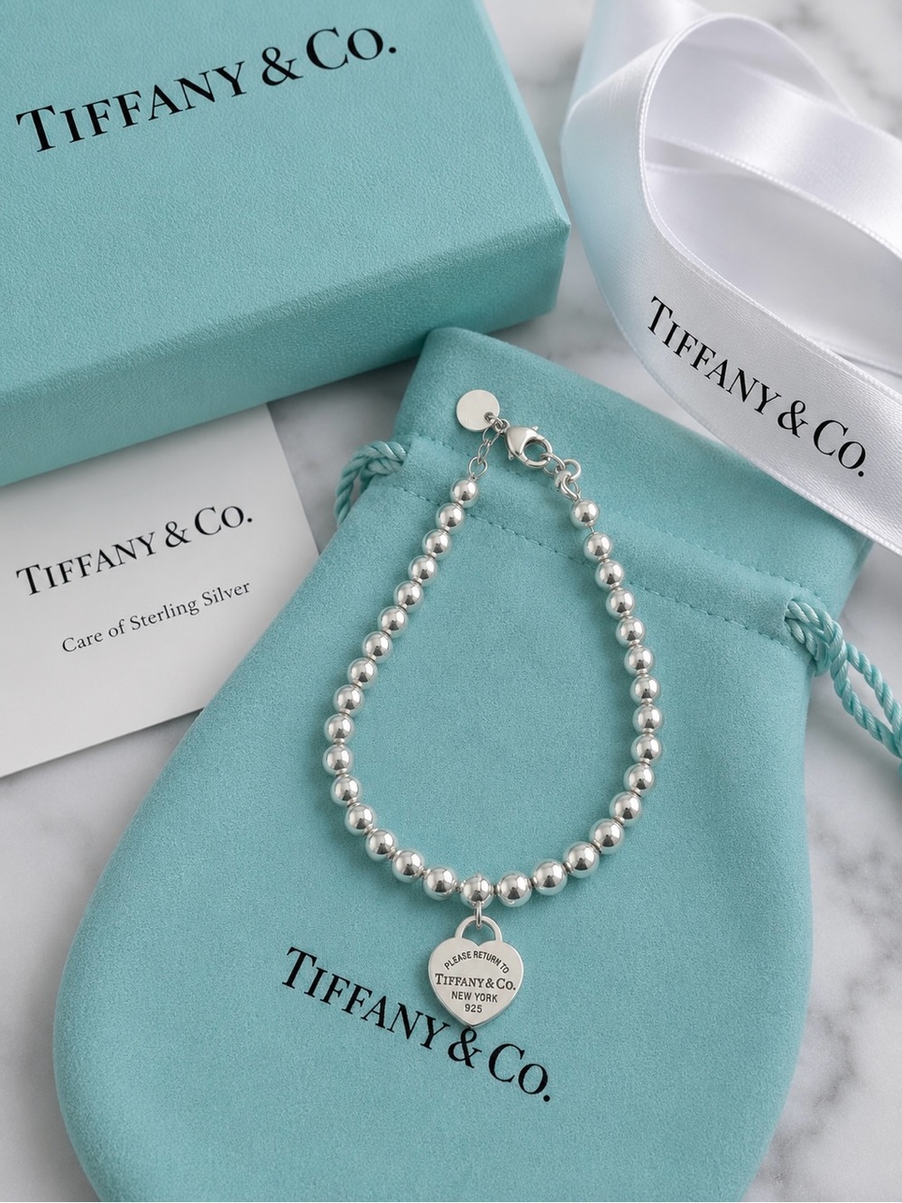 Tiffany & Co. Return To Tiffany Red Enamel Heart Tag Bead Bracelet 6.5” - Picture 2 of 4